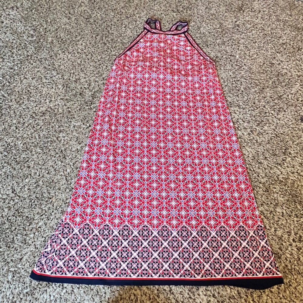 Max‎ Studio Red Navy Geometric Tile Halter Dress Strappy Back Womens Medium NWT